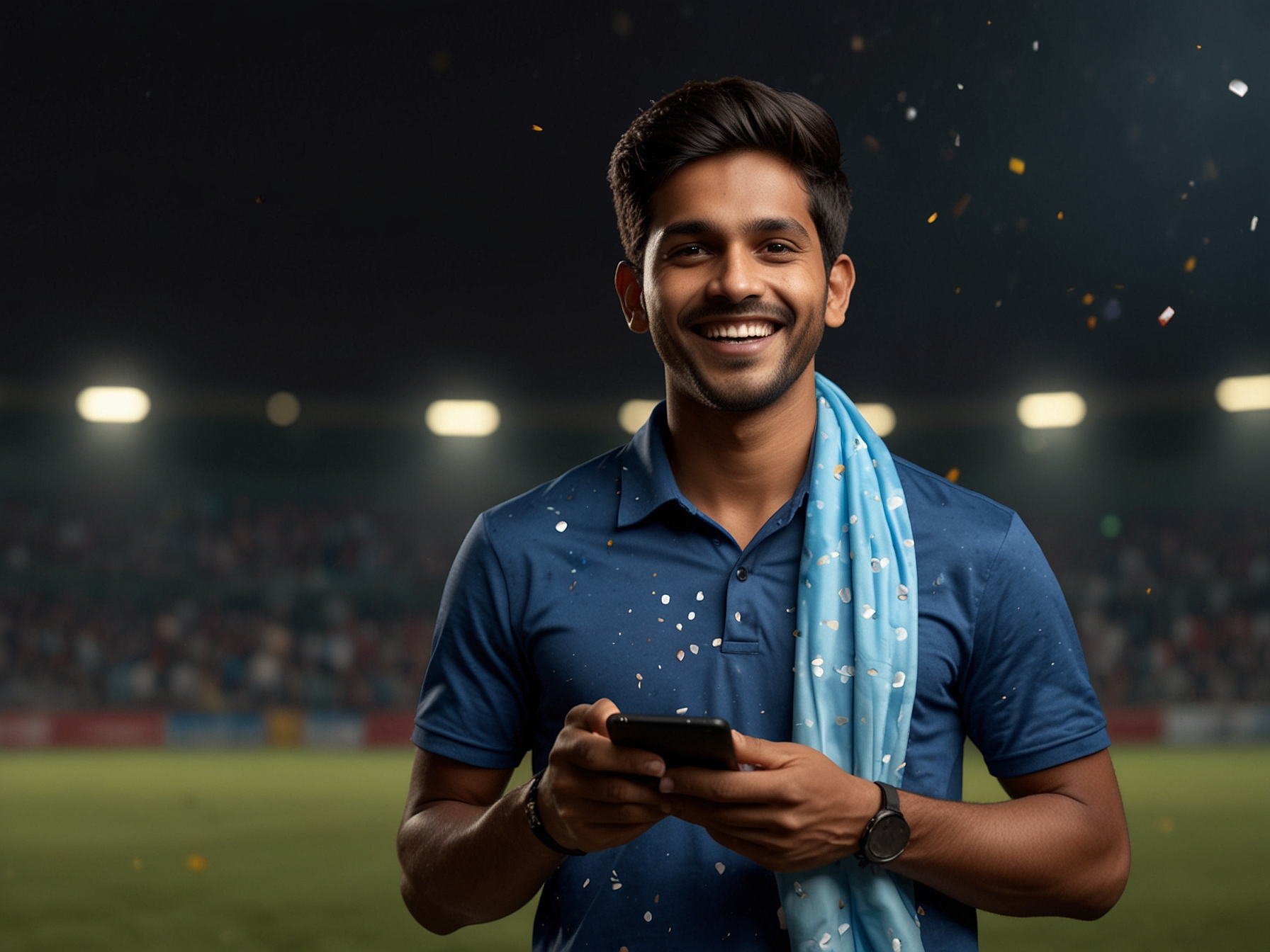 Celebration with smartphone and stadium lights
